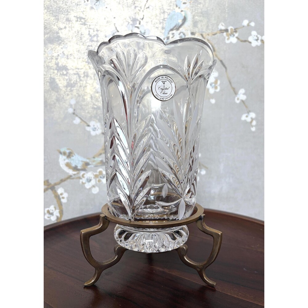 Vintage Polish 24% Lead Crystal Vase with Brass Stand Cut Glass Flower Hurricane